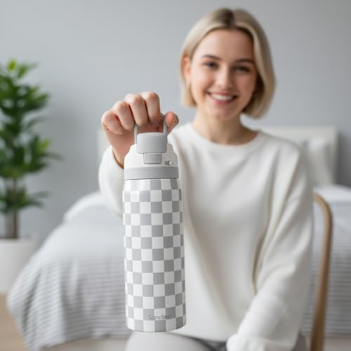 Image of Checkered Insulated Stainless Steel Water Bottle with Straw for Sports and Travel, 32oz, Gifts for Women Girls Friends Teens Birthday Christmas (Grey)
