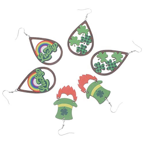 LOGOFUN 3 Pairs St. Patrick's Day Earrings Irish Wooden Stud Earrings Lucky Clover Hat Ear Pendants