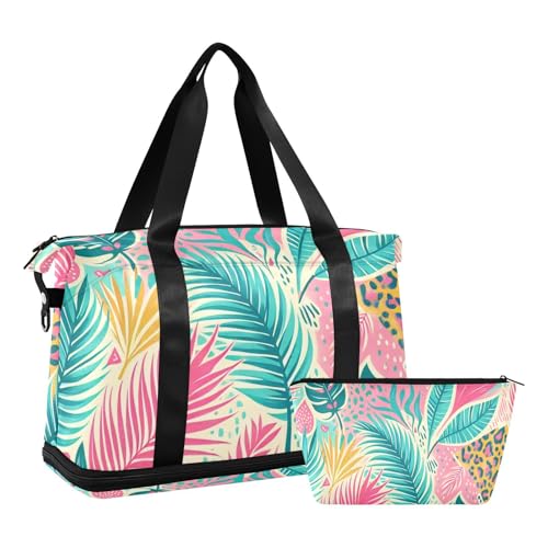Tropical Palm Leaves Gym Bag for Women Sport Travel Duffel Bag Shoulder Weekender Overnight Bags with Wet Pocket & Shoe Compartment