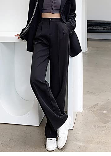 Cocoinsity Women Casual Suit Pants High Waist Solid Button Down Straight Loose Trousers4