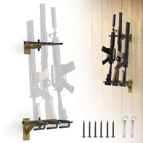 YUEYIN Wall Mounted Rifle Storage Rack, Gun Display Rack with 3 Storage Slots, Metal, Indoor Gun Shelf, Tan