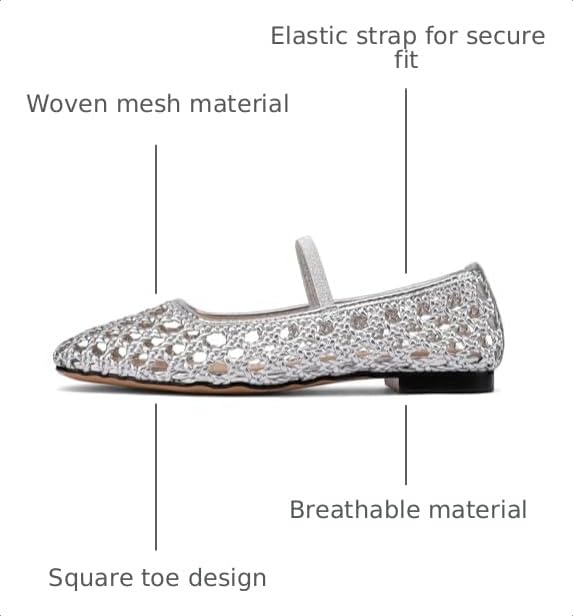 Image of Woven Mesh Ballet Flats Shoes for Women with Elastic Strap Square Toe Breathable Slip On Flat Mary Janes Dress Casual Shoes