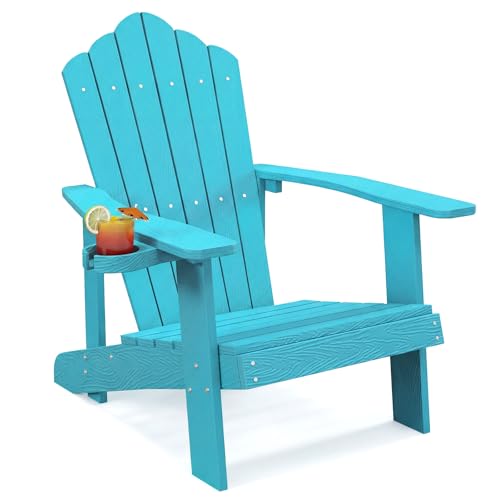 Image of Tangkula Oversized Adirondack Chair, Patio Lounge Chairs w /Adjustable Cup Holder, HIPS Armchairs Slatted Chair, Outdoor Weather Resistant Fire Pit Chair for Deck Backyard Garden Porch (1, Turquoise)