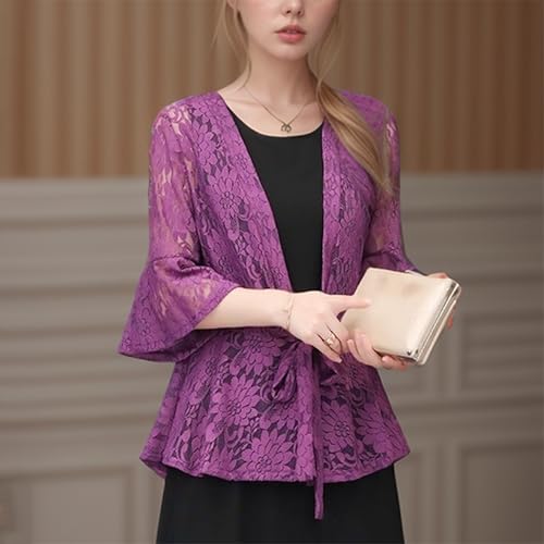 Image of FindThy Women's 3 /4 Flare Sleeve Lace Cardigan Tie Knot Front Floral Knitted Cover Up Shrugs