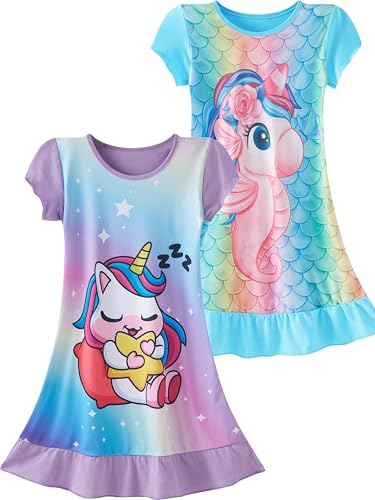 SOIBEEN Camicie da notte da bambina, confezione da 2 pezzi, a maniche lunghe, a maniche corte, in cotone, per bambine 2-9 anni, Pantaloncini con unicorno viola e blu, 130