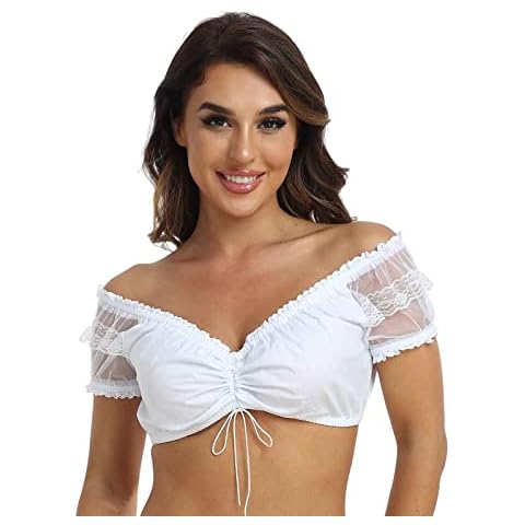 Jecarden Trachten Damen Dirndlbluse Spitze - Dirndlbluse Weiß Kurzarm Dirndlblusen Halbarm aus Spitze und Baumwolle Tracht Bluse Cover