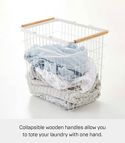 Yamazaki 2810 TOSCA Cesto para la ropa sucia grande, blanco, Acero/Madera, minimalista, 41.5 x 31 x 38.5 cm - imagen 2