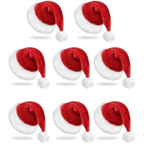 RJVW 8 Packs Christmas Hat, Santa Hat, Xmas Holiday Hat for Adults, Unisex Velvet Classic Santa Hat for Xmas New Year Party Headwear Cover