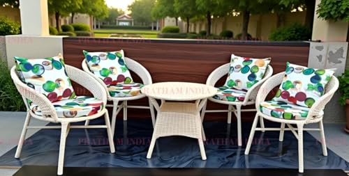 Image of India Outdoor Indoor 4+1 Piece All Weather Wicker Patio Chair and Table Set with Iron Frame for Balcony Garden Poolside Deck (Cream with Multicolor Cushion & Pillow)