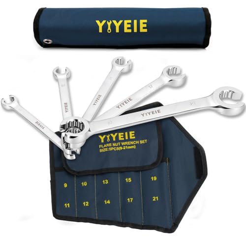 YIYEIE Bremsleitungsschlüssel Set 5-tlg I 9-21mm Offener Ringschlüsse I Chrom-Vanadium Stahl mit Laser-Messskala I Spezialschlüssel Für Bremsrohr Hydraulik & Servoleitung I inkl. Aufrolltasche