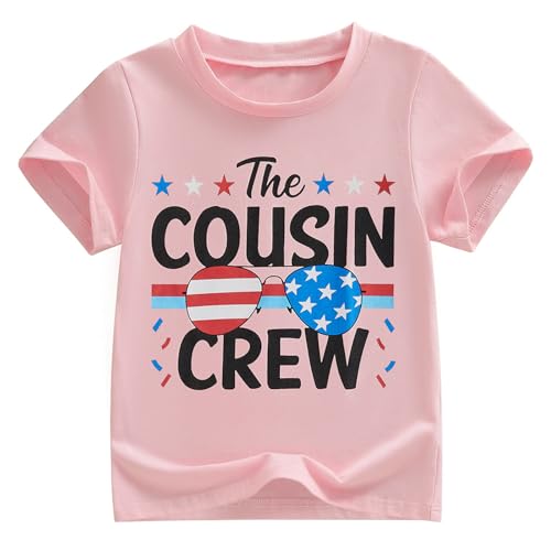 Kids Toddler Boys Girls Cousin Crew 4th of July Shirt USA 250th Anniversary Flag Glasses Patriotic Shirt (Pink, 4-5 Years)