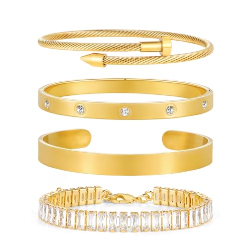 LILIE&WHITE Gold Plated Bangle Bracelet Set for Women classic Nail Tennis
