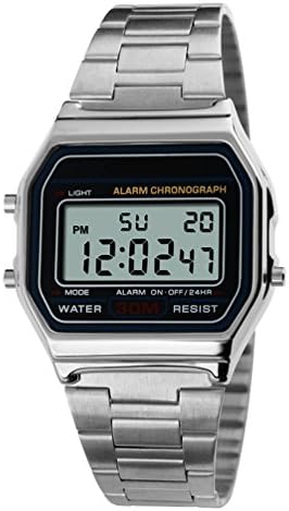 VIGOROSO Men Lady Vintage Retro Gold Stainless Steel Digital Casual Watch Alarm Stopwatch(Silver)