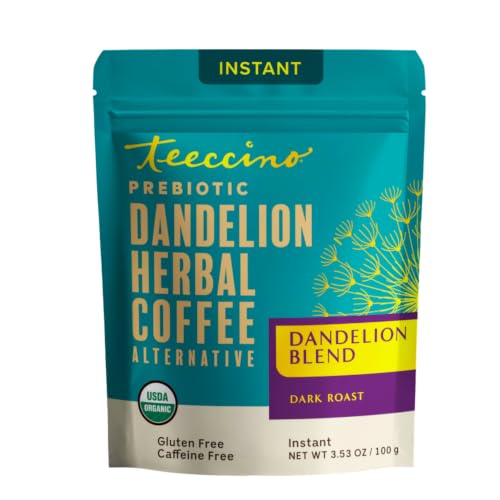 Teeccino Instant Organic Dandelion Blend – 33 servings – Gluten Free Instant Microground Herbal Coffee with Chicory & Dandelion Roots That’s Prebiotic, Caffeine-Free, and Acid-Free – 3.5 ounces
