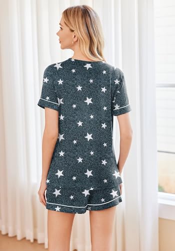 Image of Ekouaer Pajamas Set for Women 2 Piece Sleepwear Short Sleeve Top and Shorts Soft V Neck Pjs Lounge Set with Pockets,Grey Stars,Small