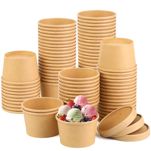 Image of 8 oz 75 Pack Ice Cream Cups with Lids, Paper Soup Cups Disposable | Paper Soup Containers with Lids for Soups, Stews, Ice Creams, Sorbet and Salads