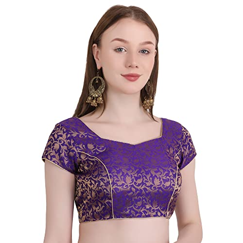 Image of Women's Short Sleeve Brocade (Chanderi) Readymade Stitched Saree Blouse Ready to Wear Half Sleeves Ladies Blouse