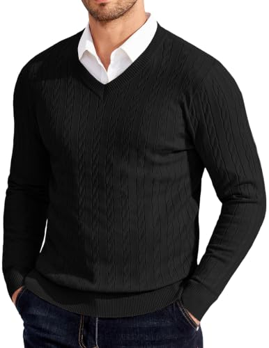 Image of COOFANDY Men's Cable Knit V-Neck Jumper Black S