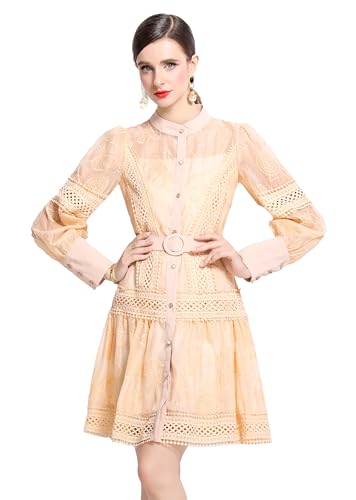Image of LAI MENG FIVE CATS Women's Hollow Out Floral Print Lantern Sleeve Button Casual Mini Dress