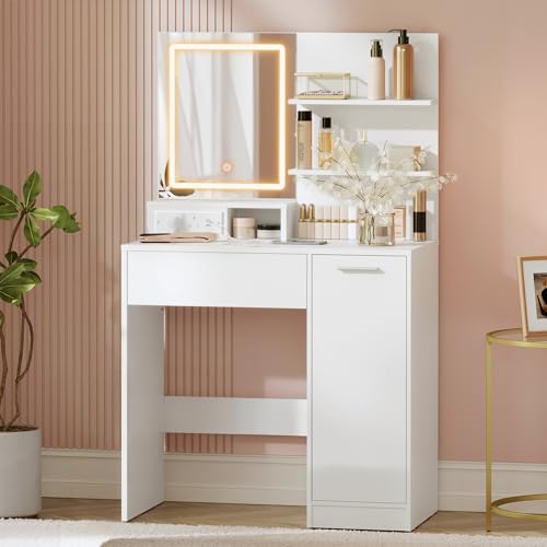 VASAGLE KAILYN Collection - Dressing Table with LED Lights and Power Outlet, Vanity Table with Mirror, Adjustable Shelves, 1 Drawer, 2 Open Shelves, Modern Makeup Desk, White RDT138W03