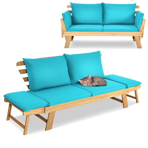 GIANTEX Daybed Canapé-lit pliable pour extérieur 2 personnes avec coussins et oreillers, cadre en bois pour porche avant et patio arrière Bleu turquoise