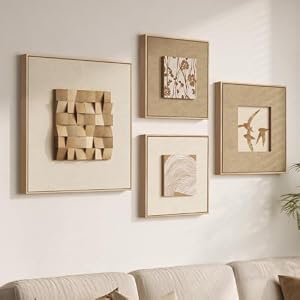 Large Framed 3D Textured Wood Wall Art 4 for Living Room, Neutral Set of 4