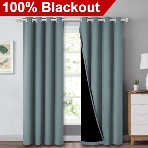 Image of NICETOWN 100% Blackout Curtains for Bedroom 84 incehs Long, Privacy Protection & Noise Reducing Full Shade Drapes with Black Liner, Insulated Window Treatment, 2 Pieces, 52 inch W per Panel, Stormy Sea