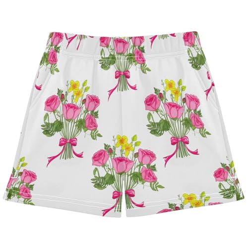 Girls Athletic Lounge Shorts Spring Floral Print Cute Summer Casual Comfy Pajama Sleepwear for Kids Teens, X-Small