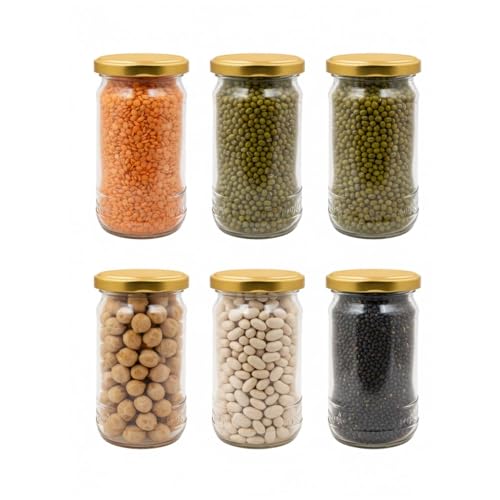 Image of Glassbunny Glass Jar Containers Set of 6 for Kitchen Storage | Golden Airtight Lids | Glass Containers for Kitchen | Glass Jars for Kitchen 300g Jars for Dry Fruits, Pickles, Spices