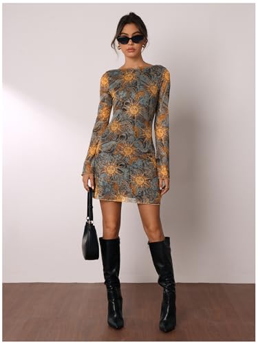 Image of Milumia Women's Floral Long Bell Sleeve Backless Mini Dress Party Date Night Going Out Dresses