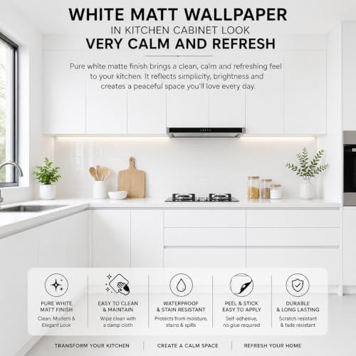 Image of WISDOM White Matte Wallpaper Self Adhesive Peel and Stick Contact Paper Waterproof Vinyl Wallpaper for Kitchen Cabinets, Furniture & Home Decor (24 x 150, White Matte Wallpaper)