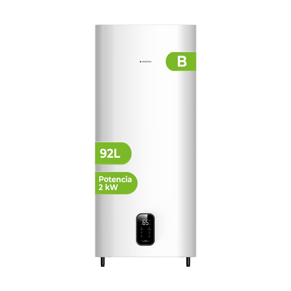Aspes Termo Eléctrico 100 Litros, AT10000DDW. 2000W, Kit de Montaje Incluido, Resistencia de Acero Esmaltado, Termostato Digital, Temperatura Máx 93 º, Blanco, Eficiencia Energética B