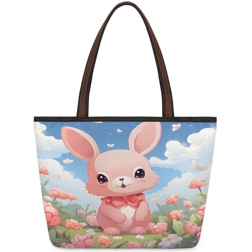Cute Rabbit Flowers Tote Bag Multi Pocket Zippered Beach Bag Lightweight Waterproof Handbag for Women Men Work Gym Travel Swimming Yoga Grocery Shopping M