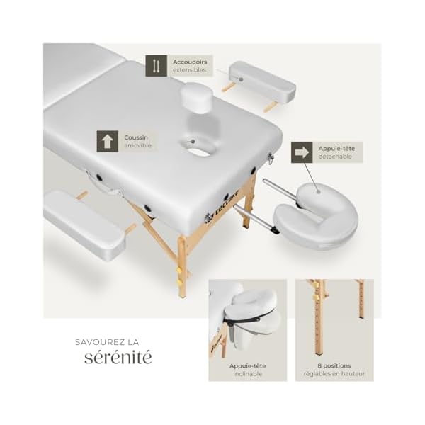 tectake® Table de Massage Pliante Professionnelle 2 Zones Ergonomique Massage et Relaxation Bois Table Esthetique Professionnel Lit de Massage Portable, Rouleaux & Housse de Transport - Blanc