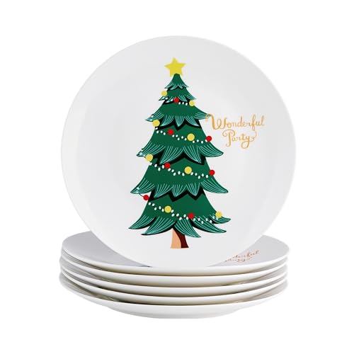 Swuut Set di 6 piatti da insalata a forma di albero di Natale, in porcellana fine, lavabili in lavastoviglie e adatti al microonde, piatti da dessert/antipasti, regalo divertente per donne e uomini