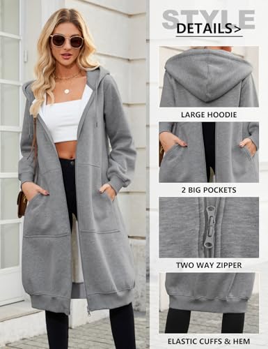 RITOSTA Damen Kapuzenjacke Lang Sweatjacke mit Kapuze Hoodie Jacke Herbst Winter Frühling Mantel Sweatshirts Langarm Kapuzenpullover Strickjacke mit Reißverschluss Taschen(Dunkelgrau,M)