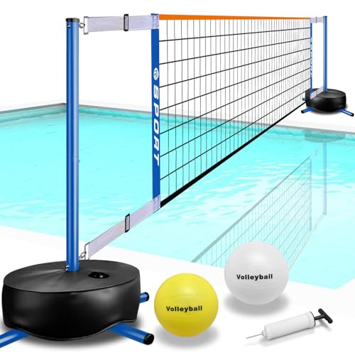 Portable Swimming Pool Volleyball Net System – Adjustable 15-25ft for Indoor & Outdoor Use, Includes 2 Water Volleyballs & Heavy-Duty Base. Also