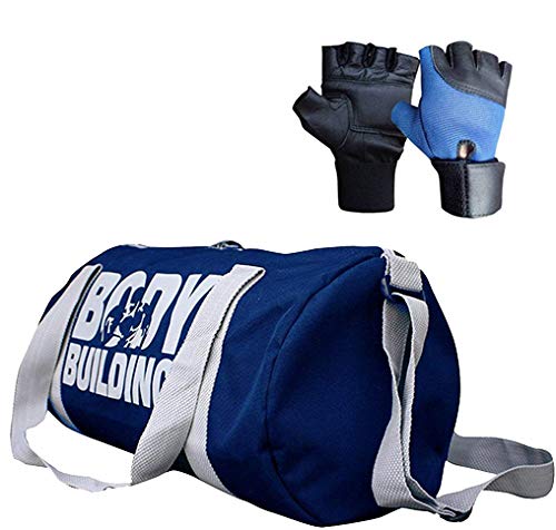 CP BIGBASKETCombo with Body Building Polyester Gym Bag (Blue) and Gloves (Blue, Free Size)