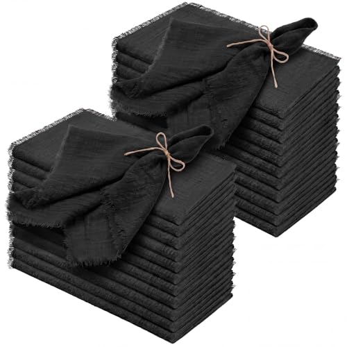 Preboun 24 Pcs Linen Napkins Bulk Cotton 17x17 Fringe, Black