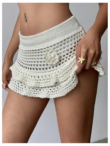 Milumia Women's 3D Floral Crochet Mini Skirt Low Waist Ruffle Layered See Through Beach Skirts2