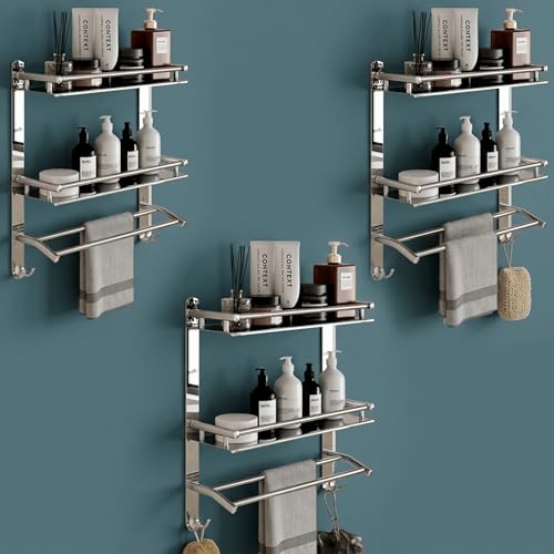 Image of GLOXY Premium Stainless Steel Bathroom Shelf Combo Pack of 3 | Double Layer Wall Mounted Storage Rack with Towel Rods | Chrome Finish Bathroom Fittings Accessories Set for Home & Washroom