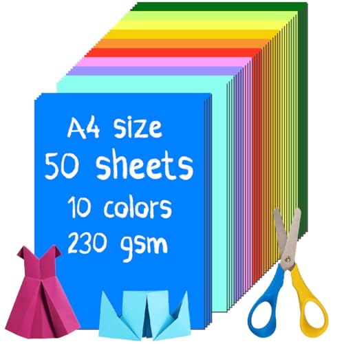 Cororio A4 230Gsm Premium A4 Coloured Paper Cadrdstock - 50 Sheets, 10 Vibrant Colors - Colored Cardstock with Vivid Colors - Crafts, School Projects, Invitations, DIY Art, Professional Printing​