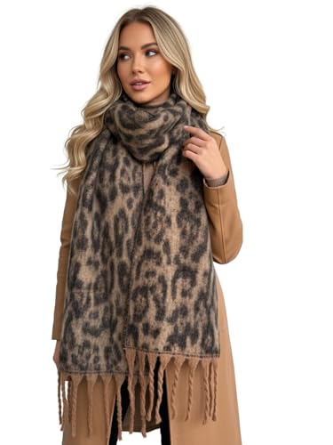 The Accessory Co. Fluffy Leopard Print Scarf for Women - Oversized Blanket Scarf Shawl Wrap Large Warm Womens Winter Chunky & Cosy Long Soft Brown Black Grey Gift for Her (Plain Brown)
