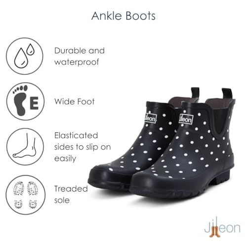 Jileon Womens Ankle Height Waterproof Rubber Rain Boots - Designed For Wide Feet & Wide Calves - Easy to Slip on and Off