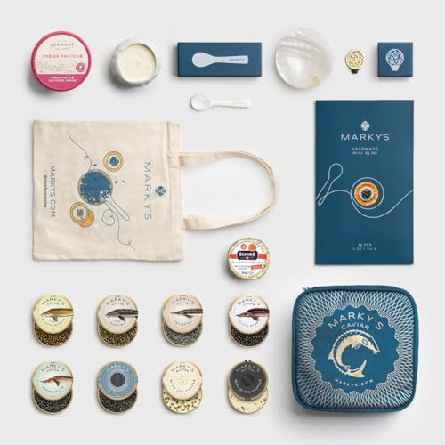 MARKY'S Grand Caviar Tasting Gift Set - 0.5 oz / 14 g (Pack of 6) x Beluga Hybrid, Sevruga, Kaluga Hybrid, Osetra Royal, American Hackleback, American Paddlefish - Butter - Truffle Butter - Blini, Crème Fraîche, French Butter - Serving Set - Mother of Pearl Spoon, Plate & Tin Opener - Cooler & Tote Bags