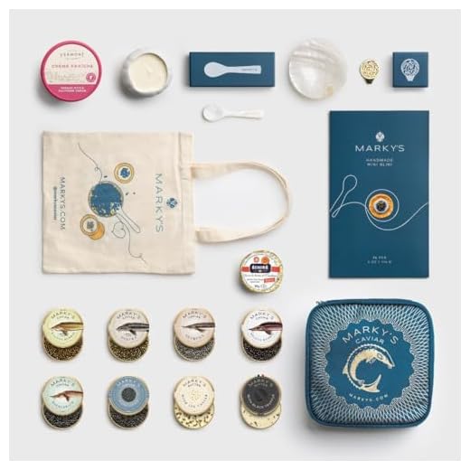 MARKY'S Grand Caviar Tasting Gift Set - 0.5 oz / 14 g (Pack of 6) x Beluga Hybrid, Sevruga, Kaluga Hybrid, Osetra Royal, American Hackleback, American Paddlefish - Butter - Truffle Butter - Blini, Crème Fraîche, French Butter - Serving Set - Mother of Pearl Spoon, Plate & Tin Opener - Cooler & Tote Bags
