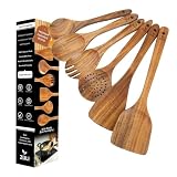 6-PIECE TEAK WOODEN UTENSIL SET FOR COOKING — Includes teak spatula, turner, serving spoon, slotted spoon, salad fork, and skimmer. Designed for everyday stovetop cooking and serving. Safe for all nonstick cookware. ULTRA-SMOOTH, SPLINTER-FREE TEAK —...
