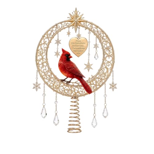Lighted Gold Metal Red Cardinal Crescent Moon Christmas Tree Topper - image 1