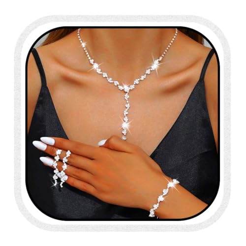 Reaky Ensemble de bijoux de mariée 3 pièces avec collier en strass argenté pour mariage, taille...
