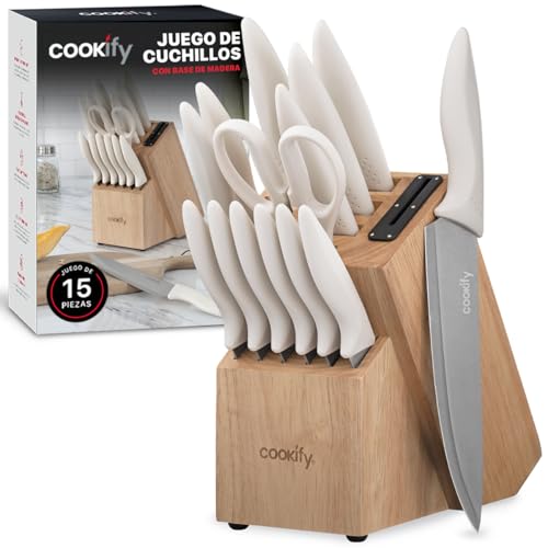 Opiniones de Bloques de cuchillos favoritos de las personas. 44 Cookify Set de Cuchillos de Cocina Acero Inoxidable 15 piezas Base de Madera con Afilador (Madera/Marfil)